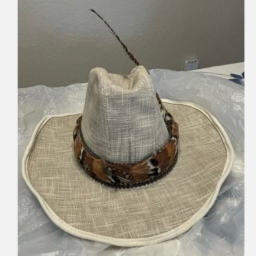 Vintage 1980s Waxed Linen Cowboy Rain Hat Western  Never Worn  Feather Accent - Picture 3 of 9